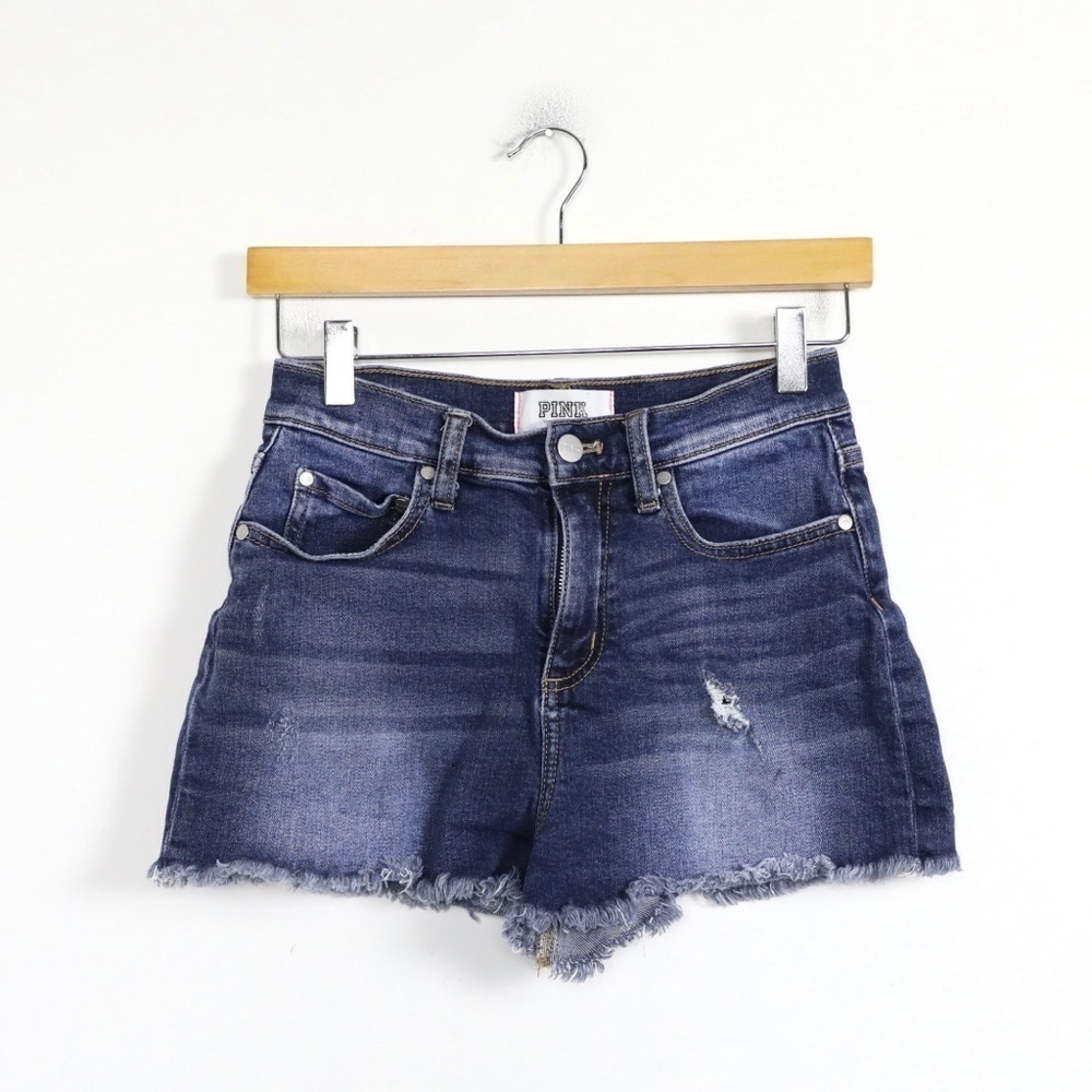 Victoria’s Secret PINK high rise denim jean shorts dark wash distressed raw hem